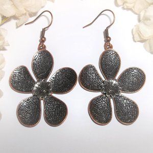 Copper and Silver Flower Earrings Statement Jewelry Big Large Earring Drop A490